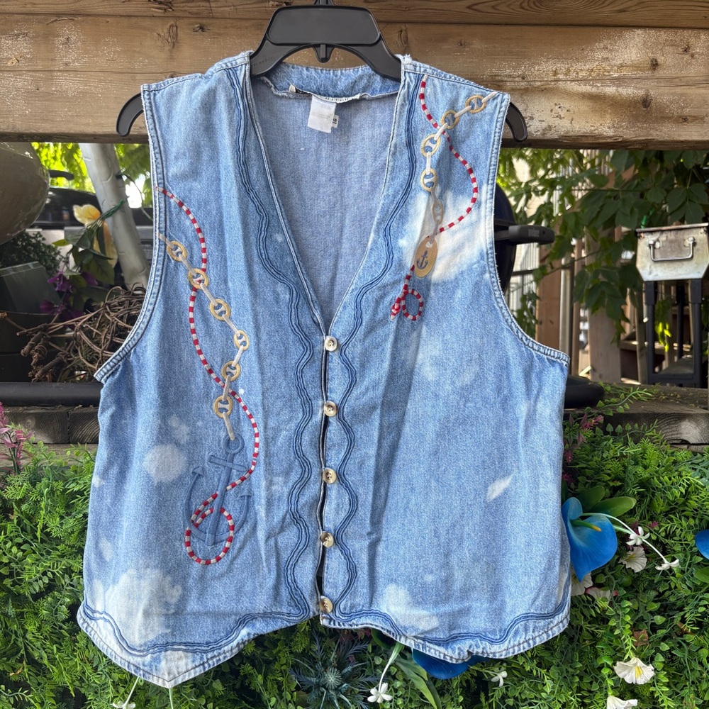 Sailor Core Vintage Embroidered Denim Vest. Bleach Splattered